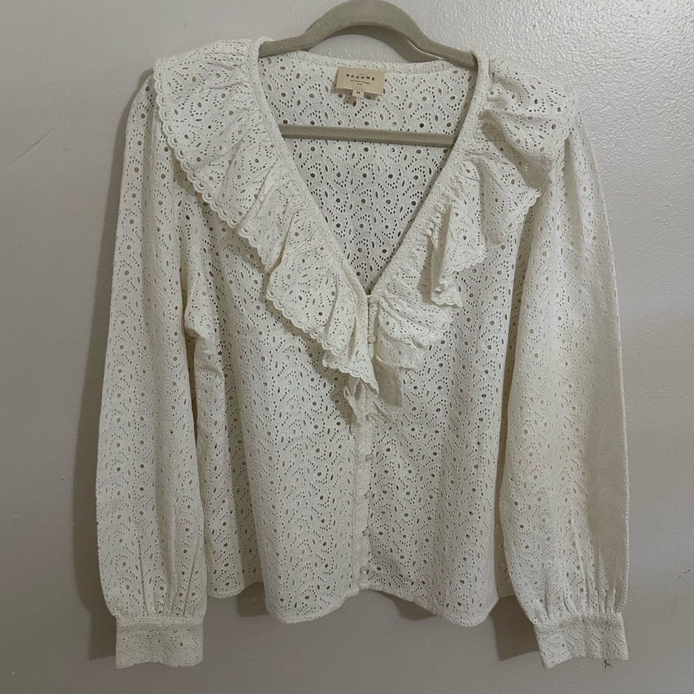Sezane White Eyelet Ruffle Blouse